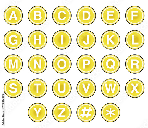 Alphabetical lemon slice buttons from a to z with symbols hashtag and asterisk on a white background vector