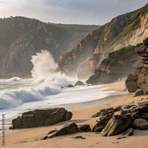 A dramatic seaside view where the beach meets rocky cliffs
