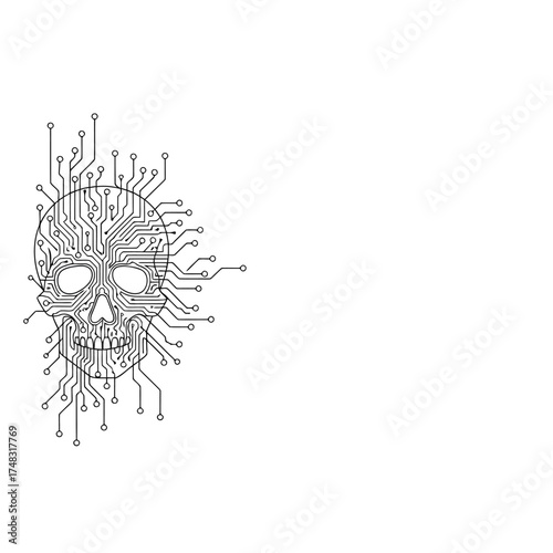 Vector illustration of skull with integrated circuit board pattern, representing digital death or cybernetic transformation