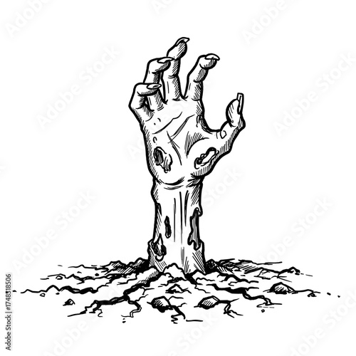 Zombie hand emerging from ground in horror-themed  vector illustration on transparent background  