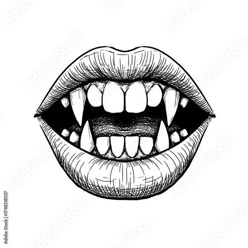 Illustrated mouth with sharp teeth and fangs design concept of vector illustration on transparent background  
