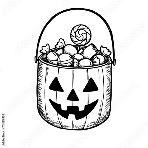 Halloween pumpkin bucket filled with candies and lollipop vector illustration on transparent background  