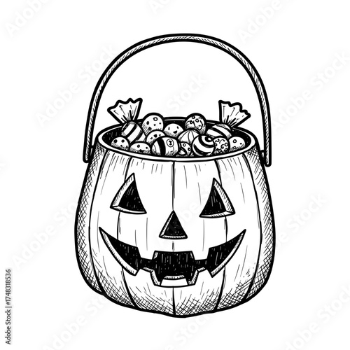 Halloween pumpkin bucket filled with candies vector illustration on transparent background  