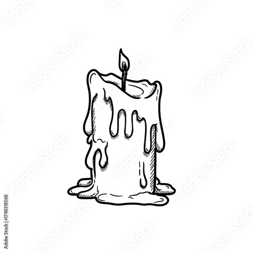 Melting candle with wax dripping and wick glowing in black and white vector illustration on transparent background    