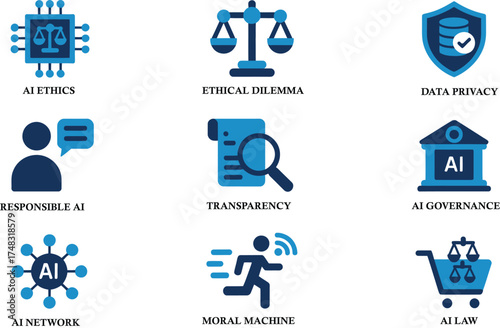 Icon set of editable key concepts in artificial intelligence responsible development and ethical considerations: AI ethics, AI governance, AI law, data privacy, transparency and more. Vector