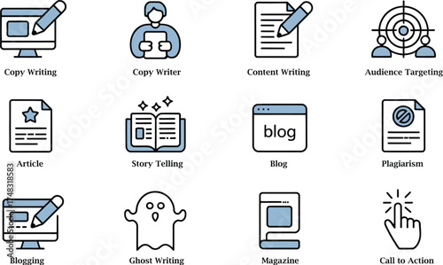 Icon set of editable digital content creation and online services: copy writing, writer, content writing, article, blog, plagiarism, blogging, target, magazine, audience targeting and more. Vector 