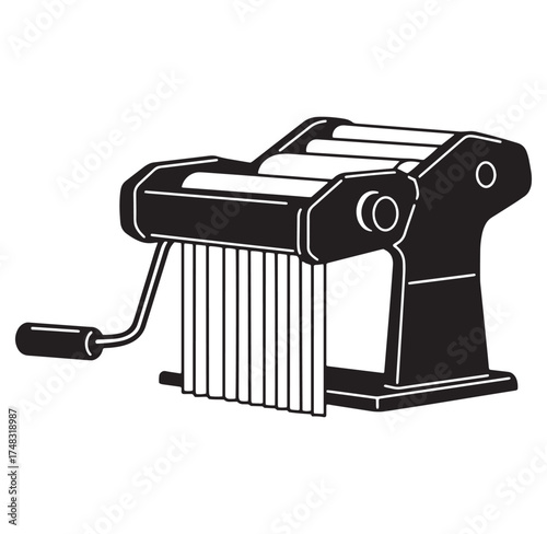 Illustrated black and white pasta machine depicting freshly cut noodles in a simple design
