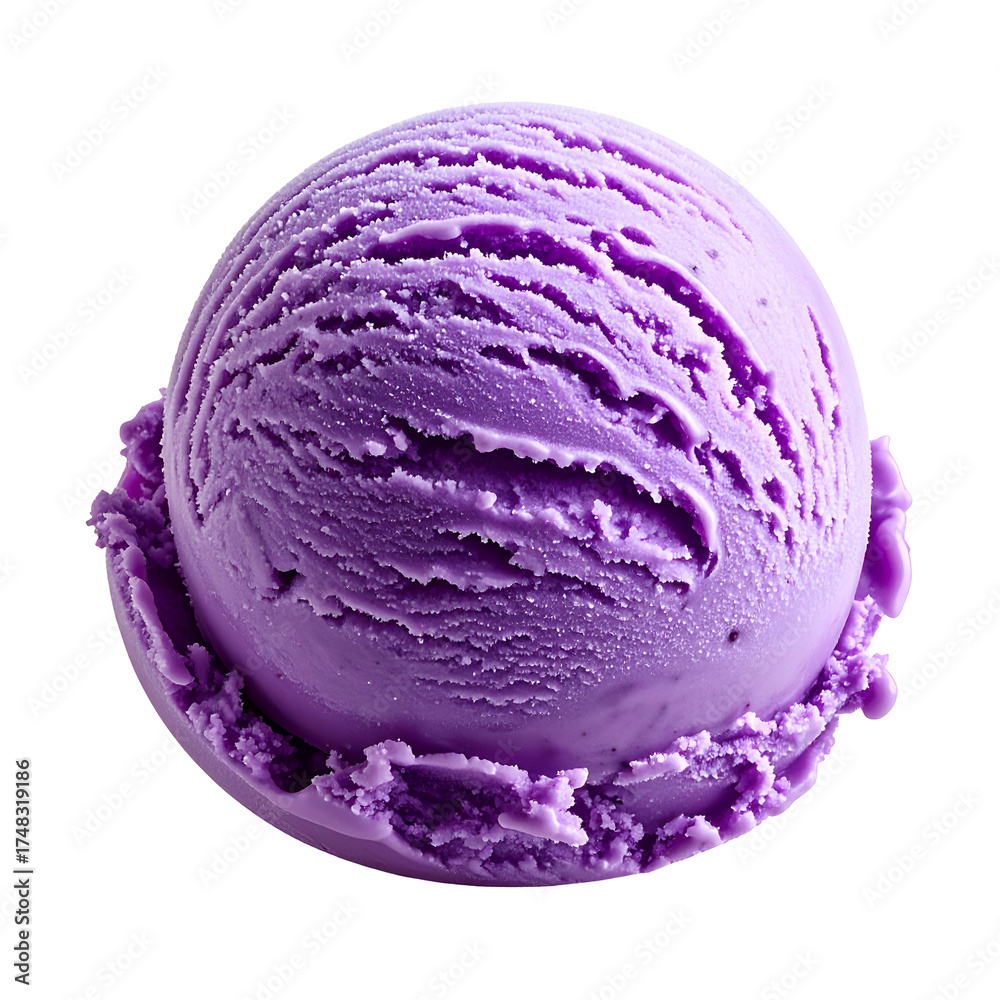 Fototapeta premium A perfect, spherical scoop of vibrantly purple ice cream sits against a black background