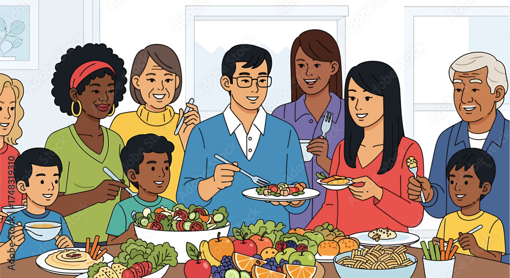 Fototapeta premium Diverse Family and Friends Enjoying a Healthy Meal Together