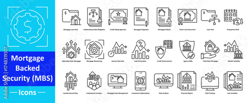 Icon pack of Mortgage Backed Security in creative outline vector style for finance banking investment loan mortgage analytics data report and financial illustration