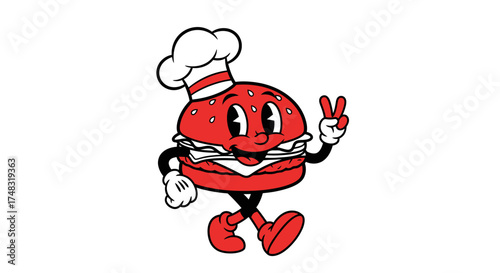 Retro Cartoon Burger Chef Mascot with Peace Sign