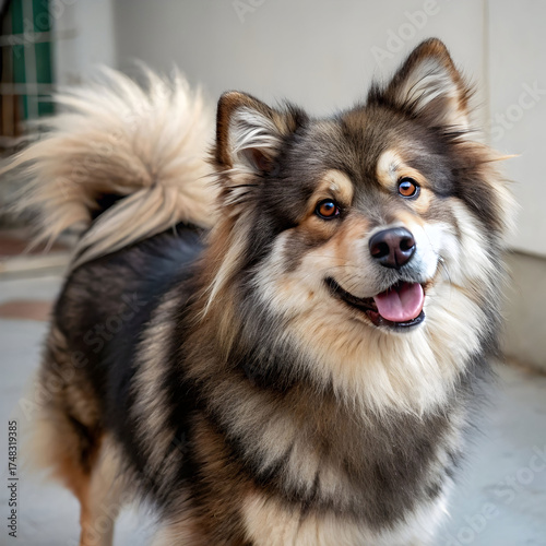 A Finnish Lapphund with thick fur and friendly eyes, known for its intelligence