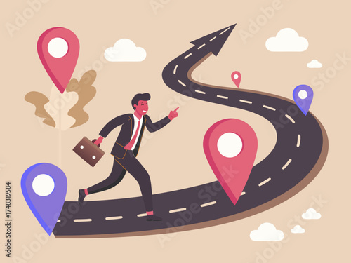 Businessman running on a winding road with location pins and clouds symbolizing a journey and success
