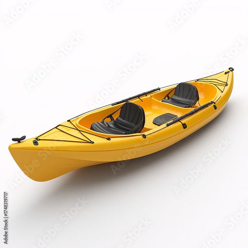 A vibrant yellow kayak, featuring sleek black seating, stands ready for adventure. This tandem kayak is isolated against a white background, perfect for sport and recreation enthusiasts.
