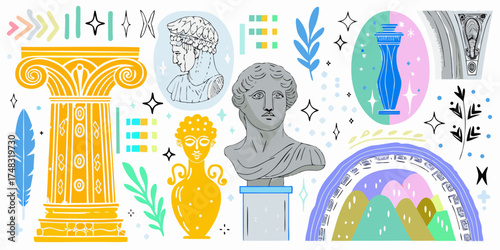 Collection of stylized ancient greek artifacts and decorative elements in a vibrant modern illustration style