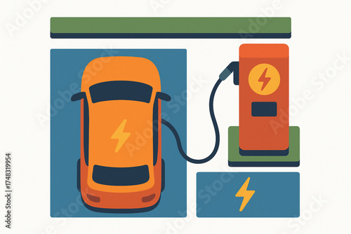 Flat design overhead view of electric vehicle charging hub with bold color blocks   