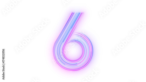Number 6 glowing in blue and purple tones on transparent background with alpha channel, part of a high-quality neon number set for futuristic digital interfaces and creative designs, static digital il