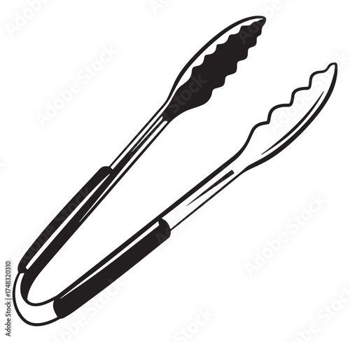 Simple and detailed black and white illustration of a modern kitchen tongs tool