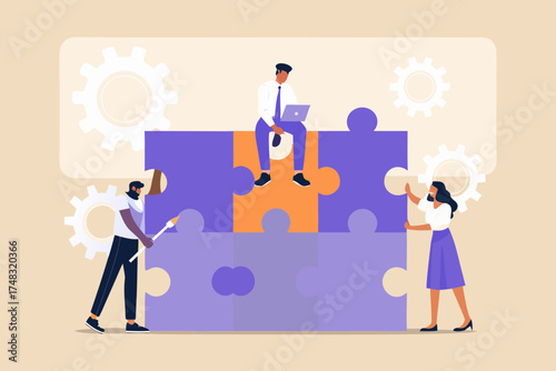 Diverse team collaborates on a complex puzzle project with gears symbolizing teamwork and strategy