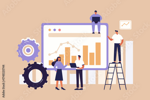 Diverse team collaborating on business growth analysis and data visualization on a large screen with charts and graphs