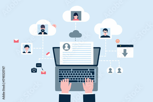 Digital networking and data management concept with cloud connections and user profiles