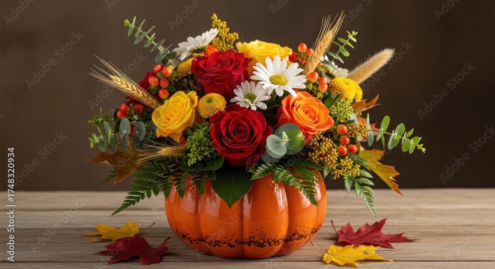 Obraz premium A vibrant floral arrangement in a pumpkin-shaped vase, boasting roses, daisies, and autumn foliage atop a rustic wooden surface. The backdrop is a warm, blurred brown