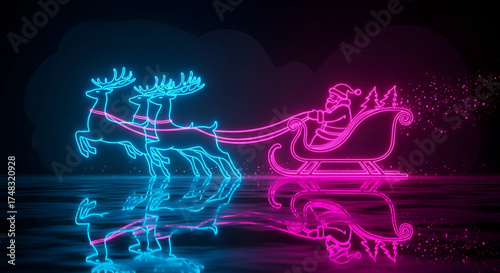 A neon light depiction of santa claus riding in his sleigh being pulled by reindeer, a festive and modern take on the classic christmas scene