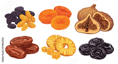 A variety of dried fruits including raisins apricots dates figs dried pineapple and prunes.