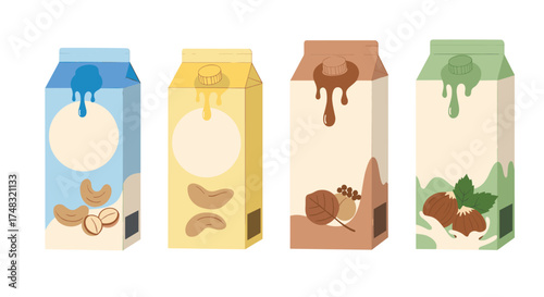 Four cartons of assorted milk varieties featuring different nut ingredients.
