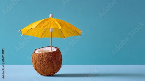 Wallpaper Mural A yellow umbrella is placed over a half-eaten coconut. The umbrella is upside down and the coconut is sitting on a table. The image has a tropical vibe and is meant to evoke feelings of relaxation Torontodigital.ca