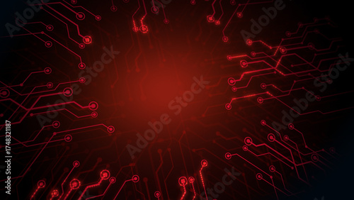 High tech neon circuit board with glowing red circuitry and futuristic digital data patterns. Abstract electronic background with illuminated lines and microchip details. Perfect for technology, AI, a