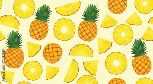 A vibrant and juicy pineapple pattern with whole fruits and slices displayed on a light yellow background.