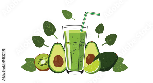 Healthy green smoothie with avocado kiwi and lime.