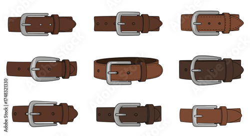 A collection of brown leather belts with silver buckles.