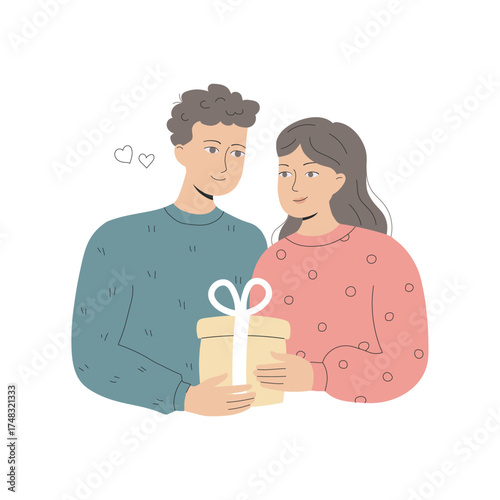 Hand drawn romantic illustration of man giving gift to his beloved woman. Vector design is perfect for Valentine's Day, anniversary celebrations and Christmas.