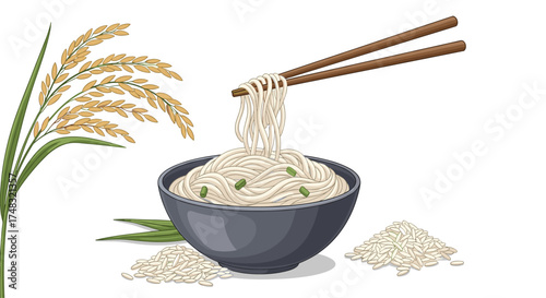 A delicious bowl of rice noodles with chopsticks picking them up.