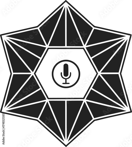microphone, audio, geometric, icon, glyph, silhouette, logo, emblem, symbol, sign, modern, abstract, creative, design, podcast, broadcast, radio, sound, recording