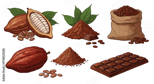 Cacao pods beans powder and chocolate bar.