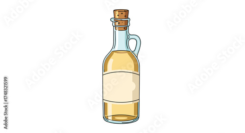 A clear glass bottle filled with light yellow liquid and a cork stopper.