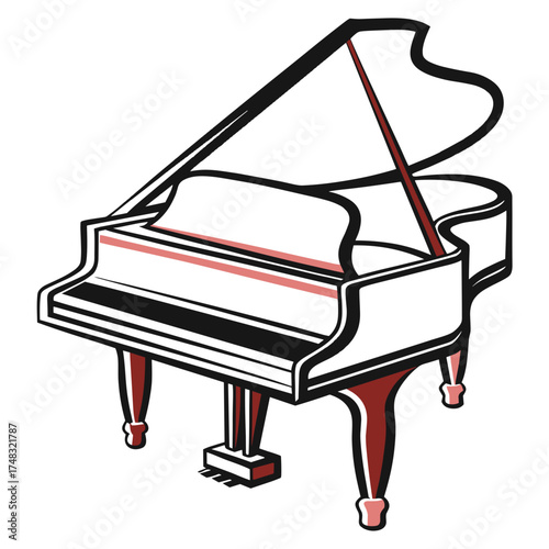 Grand piano illustration with red accents and elegant design  
