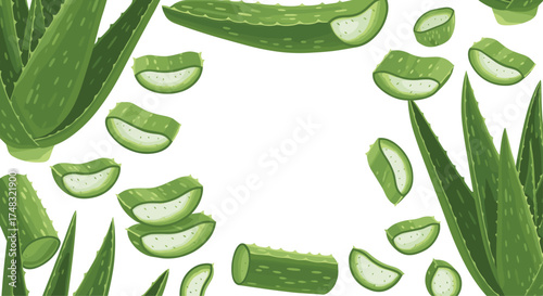 Various aloe vera slices and leaves against a white background.