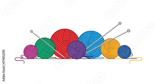 Colorful yarn balls and knitting needles create a playful design.
