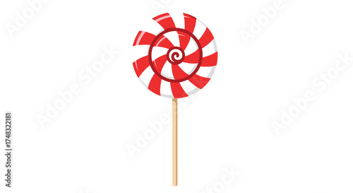 A broken red and white swirl lollipop on a stick.