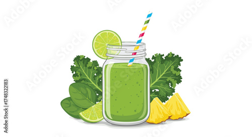 Healthy green smoothie made with fresh ingredients like kale spinach pineapple and lime.