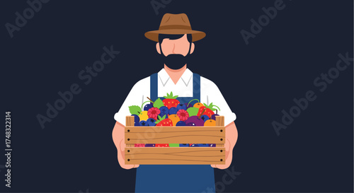 Farmer with a basket full of ripe organic berries and fruits.