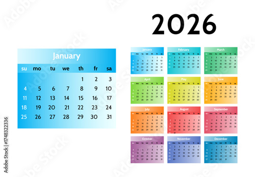 Calendar for 2026 isolated on a white background