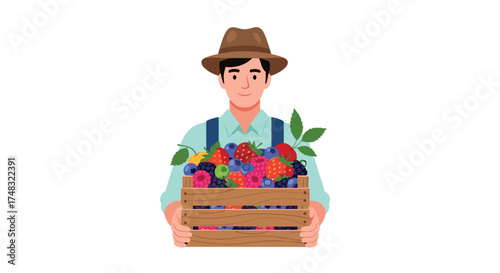 A farmer holds a wooden crate full of colorful berries.