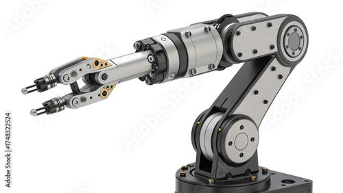 A robotic industrial arm with multiple joints and a gripper, isolated on transparent background
