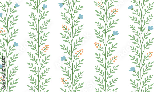 Seamless Botanical Sprigs – Modern Minimal Floral Stripes, textile print, fabric design, graphics elements, easily editable. 