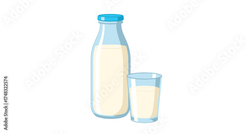A refreshing glass of milk beside a tall bottle filled with creamy white milk.